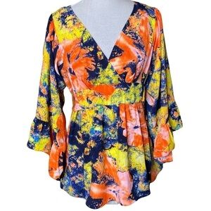 Betsey Johnson Multicolored Boho Bell Sleeve Top. Size Small